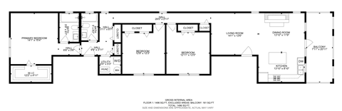 Floor plan for 3 beds, 2 baths, 1496 sqft
